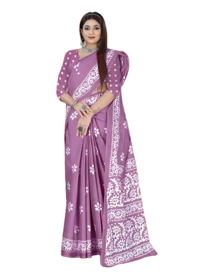 Premium Lavender & White Traditional Printed Saree