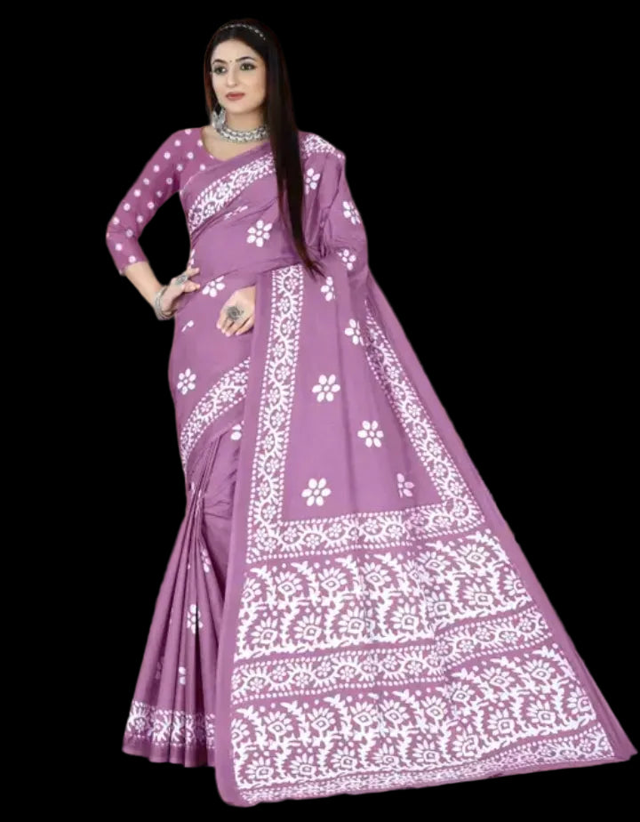 Premium Lavender & White Traditional Printed Saree